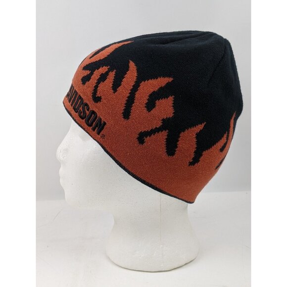 2006 Harley-Davidson Flame Fire Beanie Black Orange Men Vintage Y2k 00s Hat Bike - Picture 2 of 10
